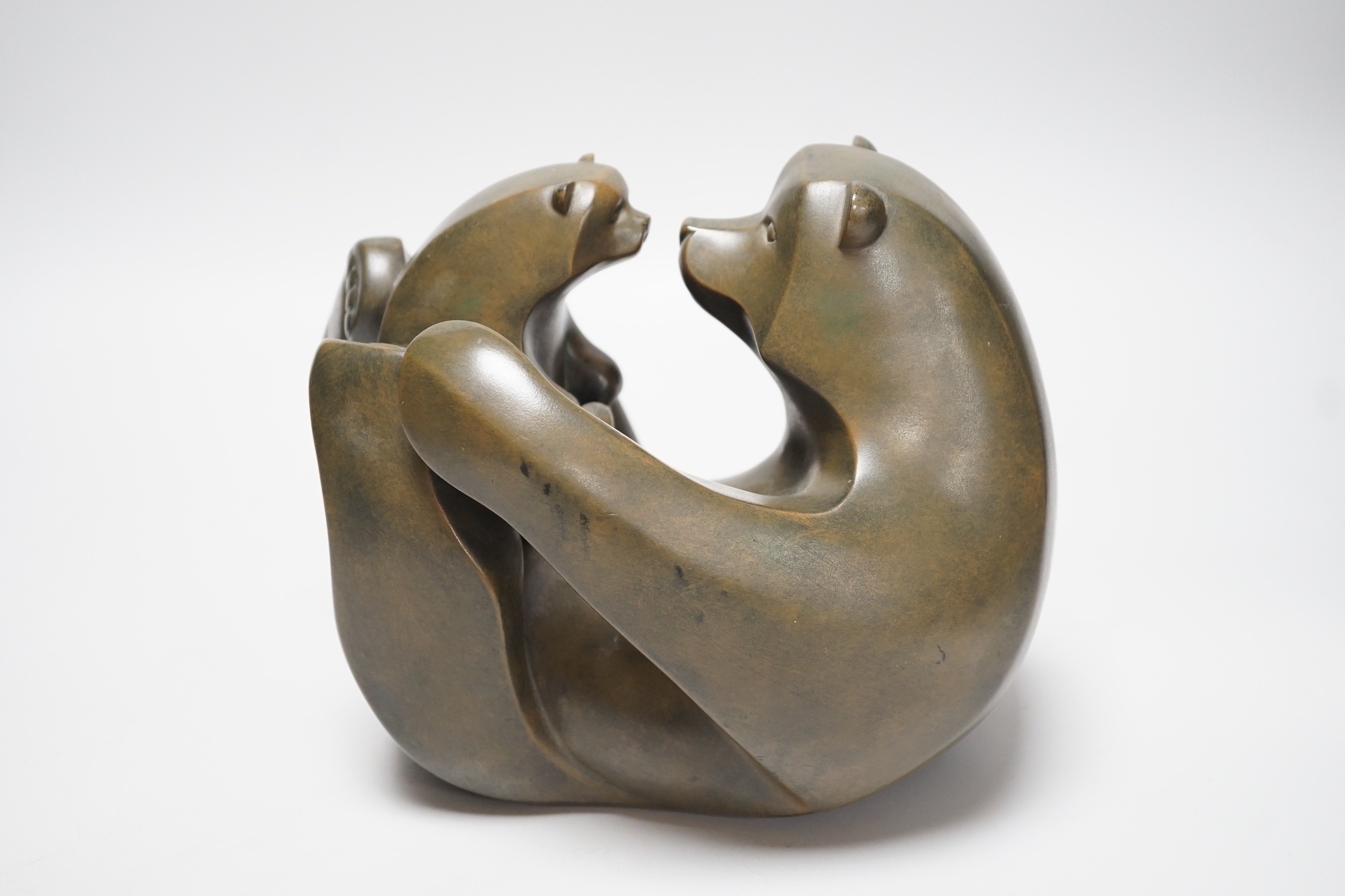 A contemporary cold cast resin bronze polar bear group, mother and child, 19cms high